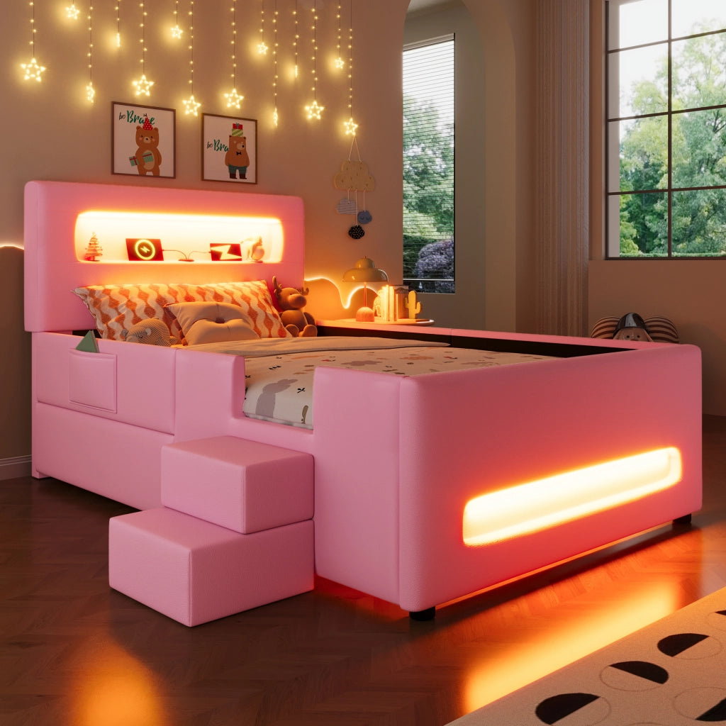 Letto singolo imbottito 90 × 200 cm con scala, cassetto su ruote e LED regolabile, senza materasso, rosa in PU