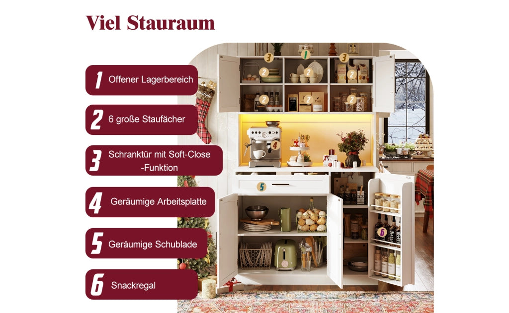Mobile da Cucina in MDF Bianco 110x38x180 cm con LED, Prese Elettriche e 5 Ante in Stile Country