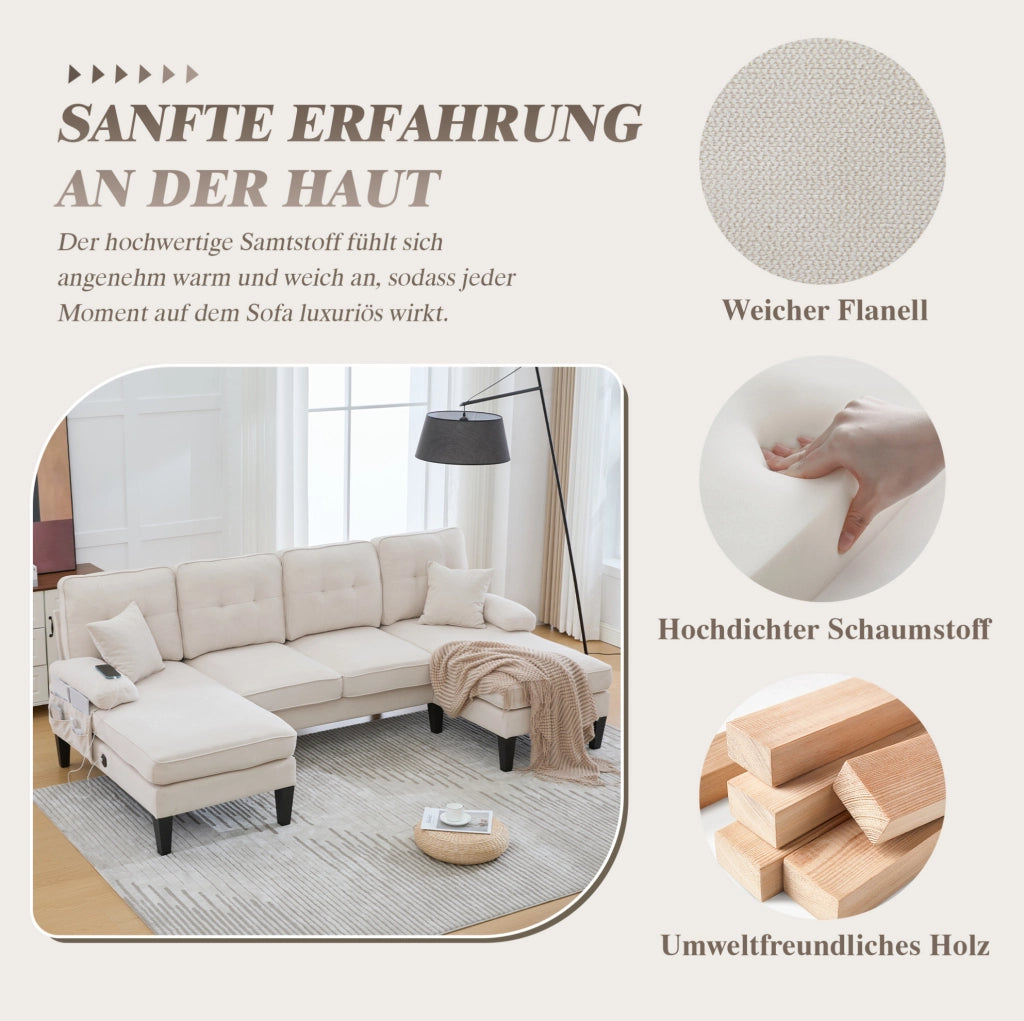 Divano angolare a U 4 posti in lino beige con chaise-longue e schienale moderno