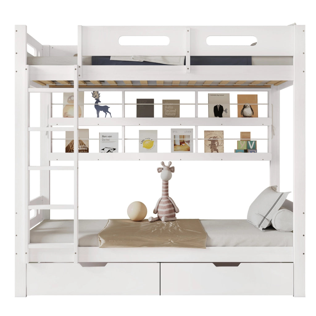 Letto a castello 90x200 cm in legno e MDF bianco con contenitori, senza materassi