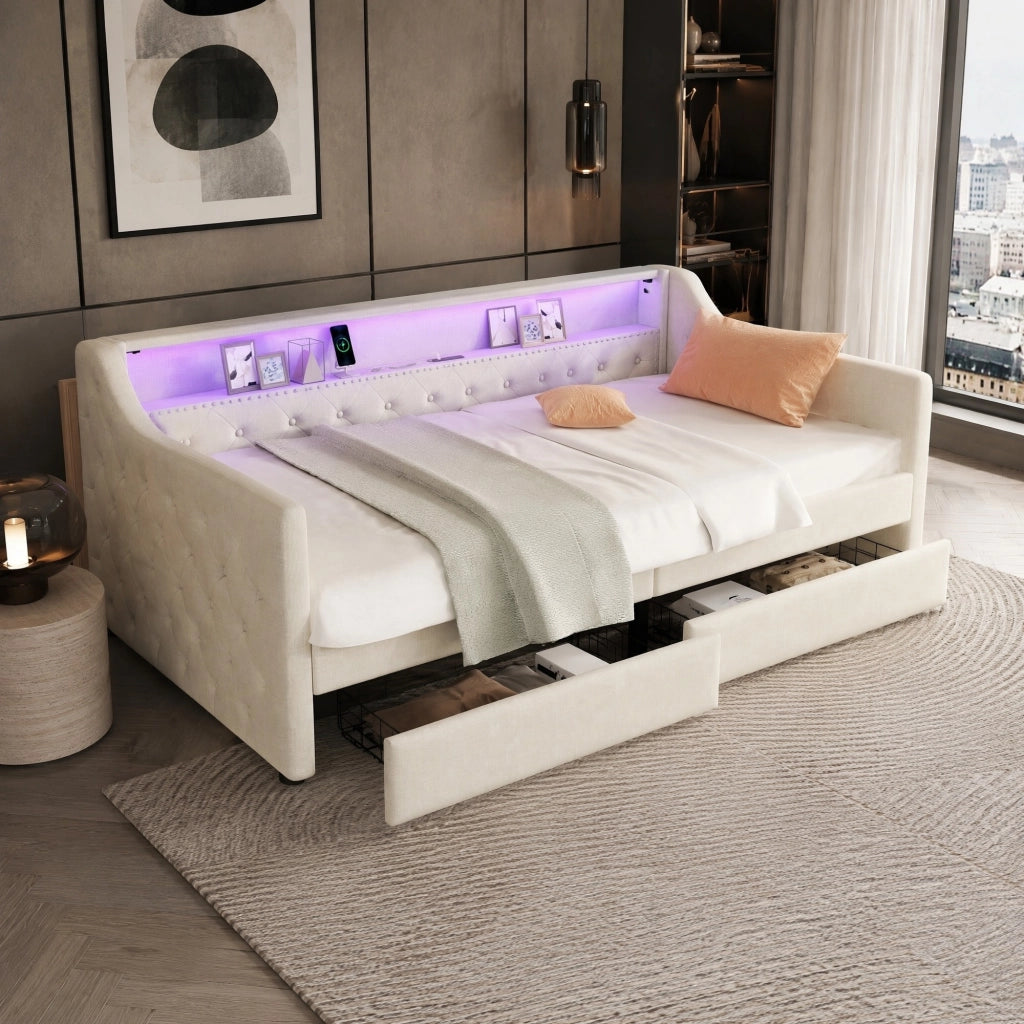 Daybed 90x200 cm con rete a doghe, 2 cassetti, luce LED ambientale e porta USB, struttura in lino e MDF, Beige