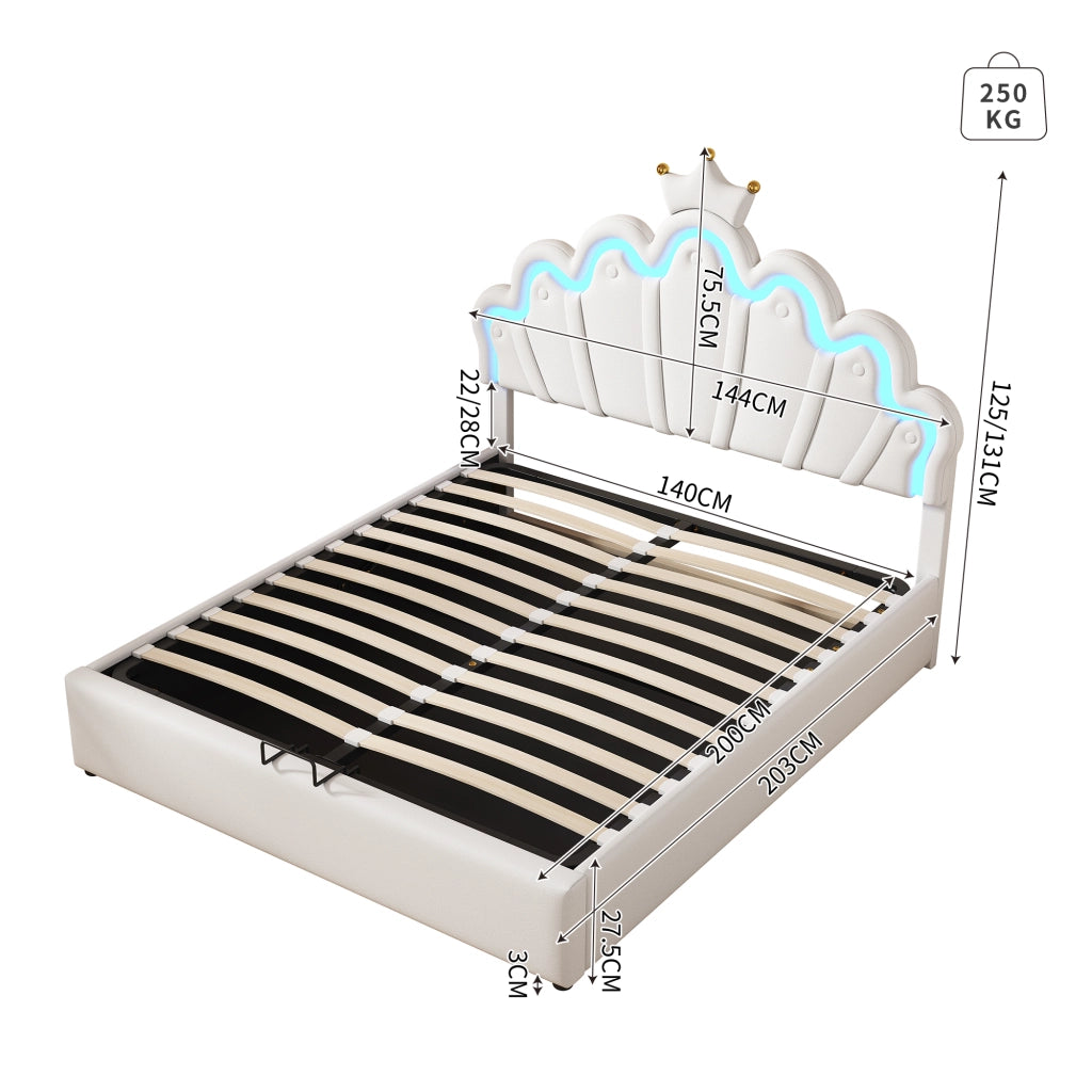 Letto matrimoniale imbottito 140 × 200 cm con contenitore LED regolabili tramite app in PU bianco