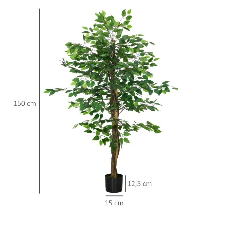 Ficus artificiale ULEVR 150 cm con 882 foglie, vaso in cemento e muschio decorativo, verde