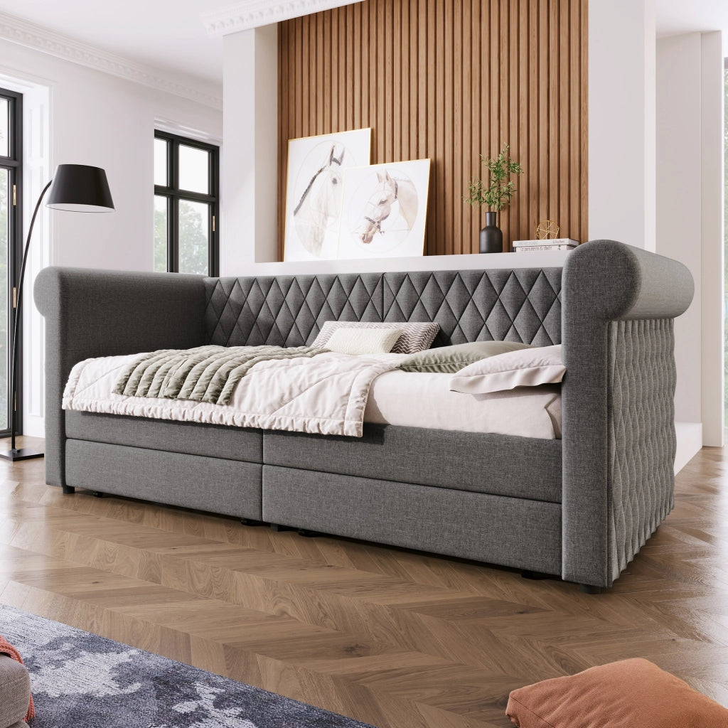 Divano letto 90 × 200 cm con 2 cassetti rivestito in lino grigio con rete a doghe struttura in legno e acciaio