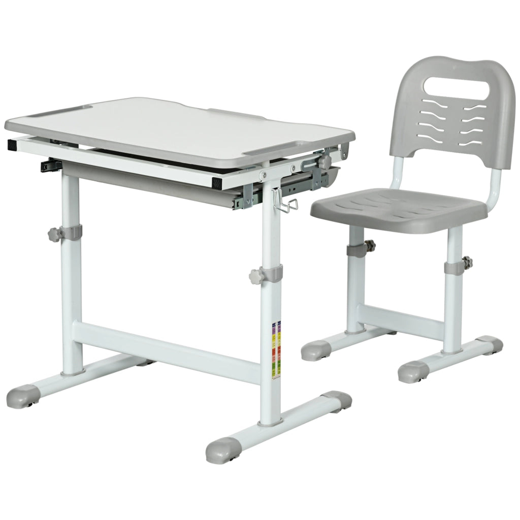 Banco Scuola per Bambini 6-12 Anni con Sedia e Altezza Regolabile, Piano Inclinabile, 66x47x52-77 cm, Grigio