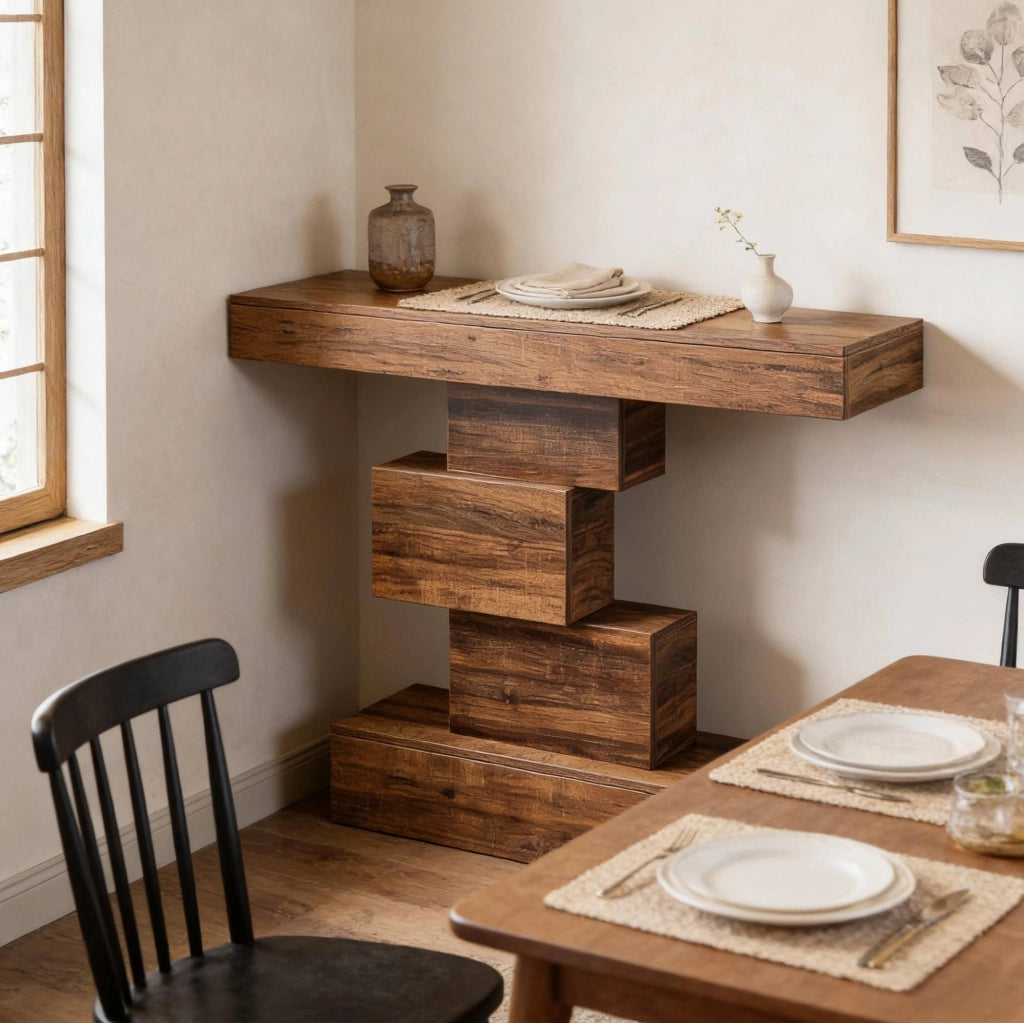 Tavolo consolle moderno con base geometrica in legno 108x30x80 cm, colore marrone rustico