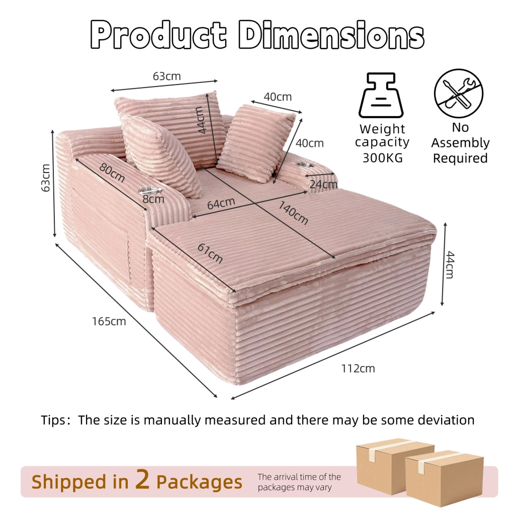 Divano con chaise longue senza struttura, con portabicchieri e cuscini in velluto a coste rosa 165×112×63 cm