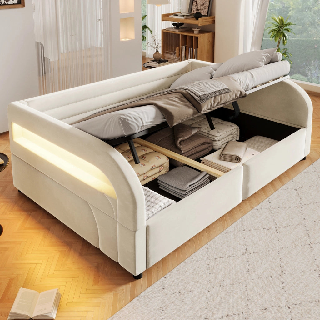 Letto Contenitore Imbottito 140x200 cm con Sollevamento Idraulico; LED; Beige