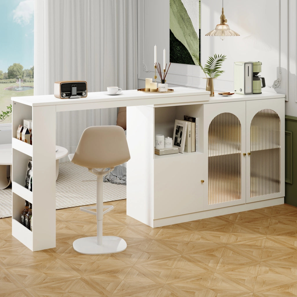 Mobile bar girevole a 360° con ante in vetro; ripiani aperti e vani chiusi; MDF bianco 120 × 40 × 97 cm