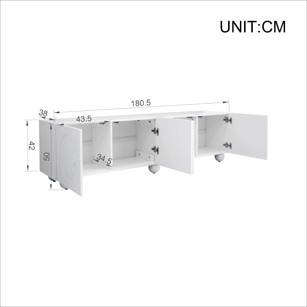 Mobile TV moderno bianco con ante in rilievo 3D, 180,5 x 38 x 50 cm