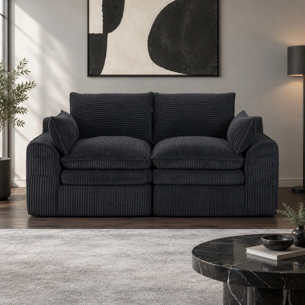 Divano 2 posti 191x94x85 cm con tasche laterali e cuscini; imbottitura a molle; velluto a coste nero