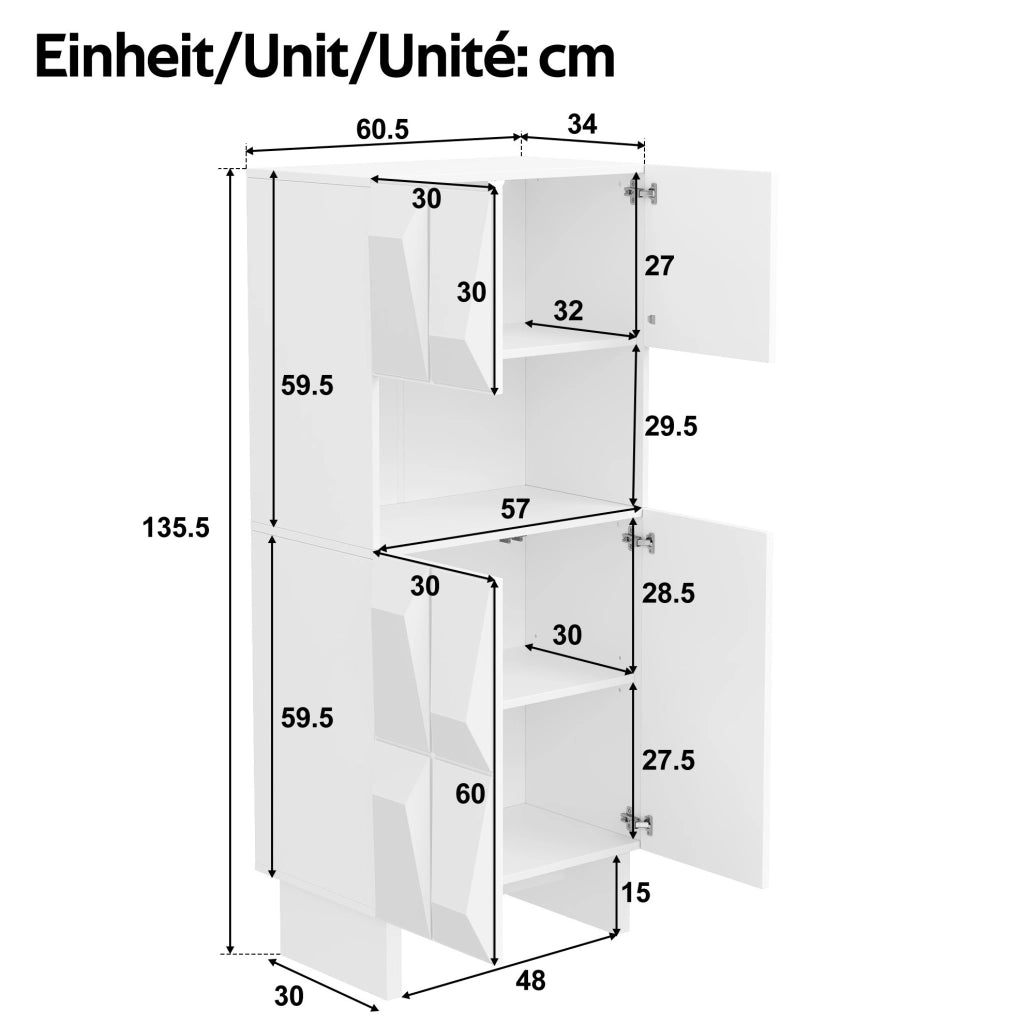 Vetrina alta in truciolare bianco 60;5 x 34 x 135;5 cm con vano aperto e 4 ante