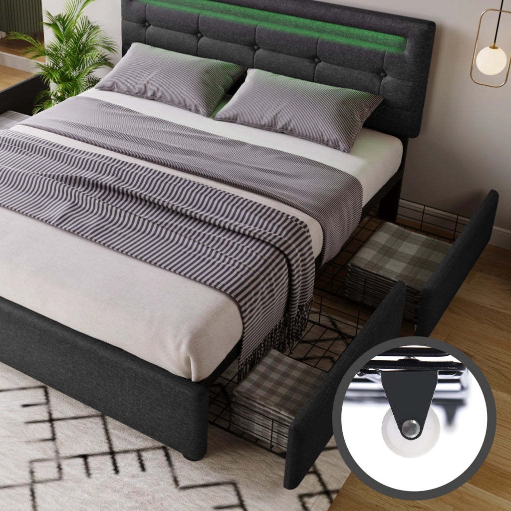 Letto matrimoniale imbottito 140 × 200 cm in lino grigio con LED testiera regolabile e quattro cassetti