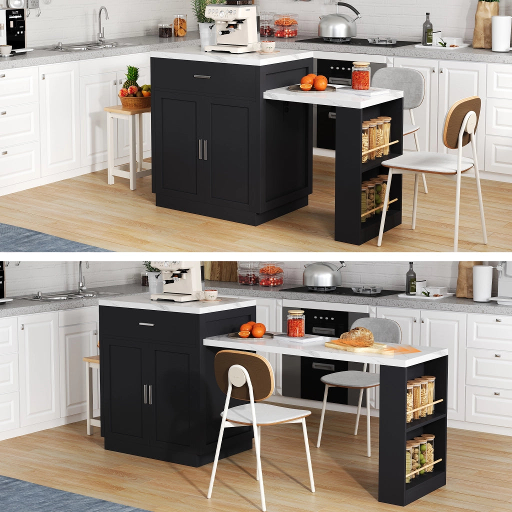 Mobile base da cucina con tavolo estraibile per 2–6 persone; prese USB; nero 211 × 55 × 89.5 cm