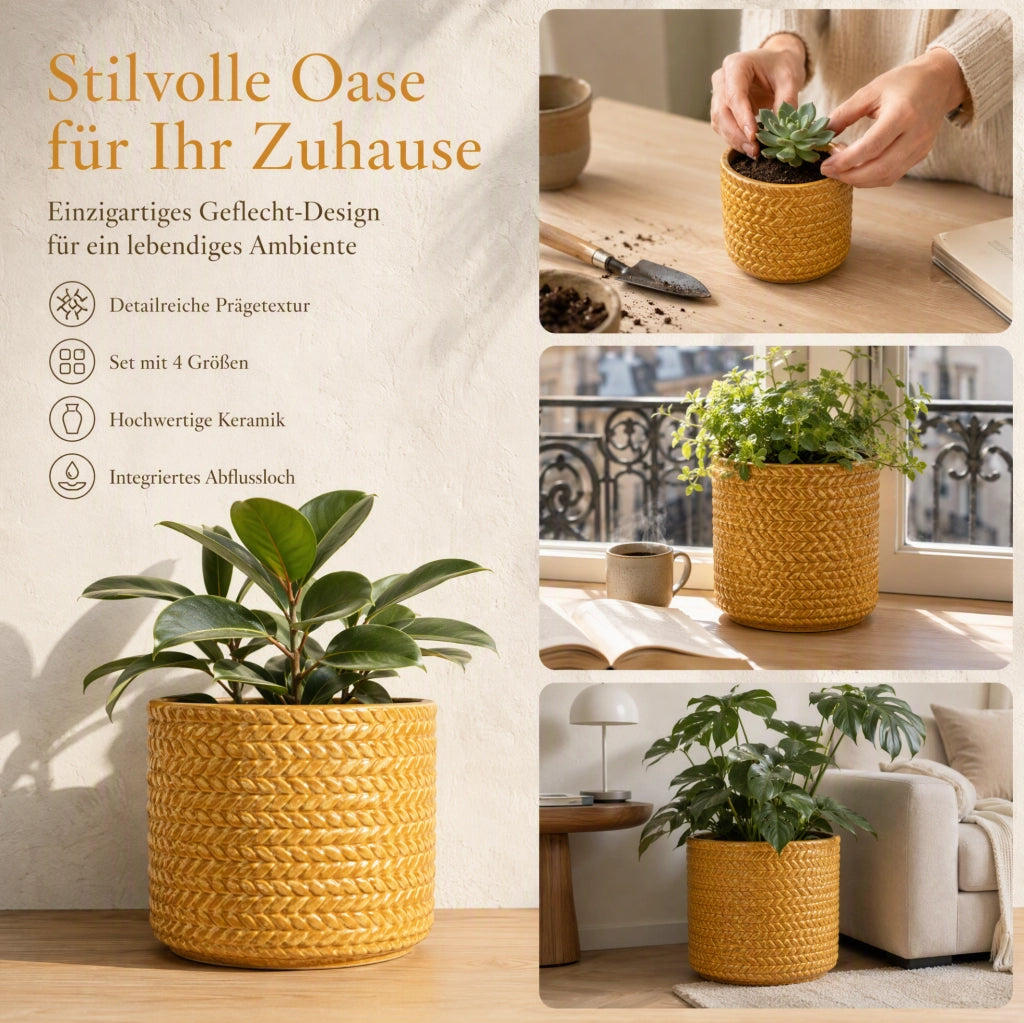Vaso cilindrico Ø17,5 cm in ceramica gialla con rilievo e drenaggio per balcone