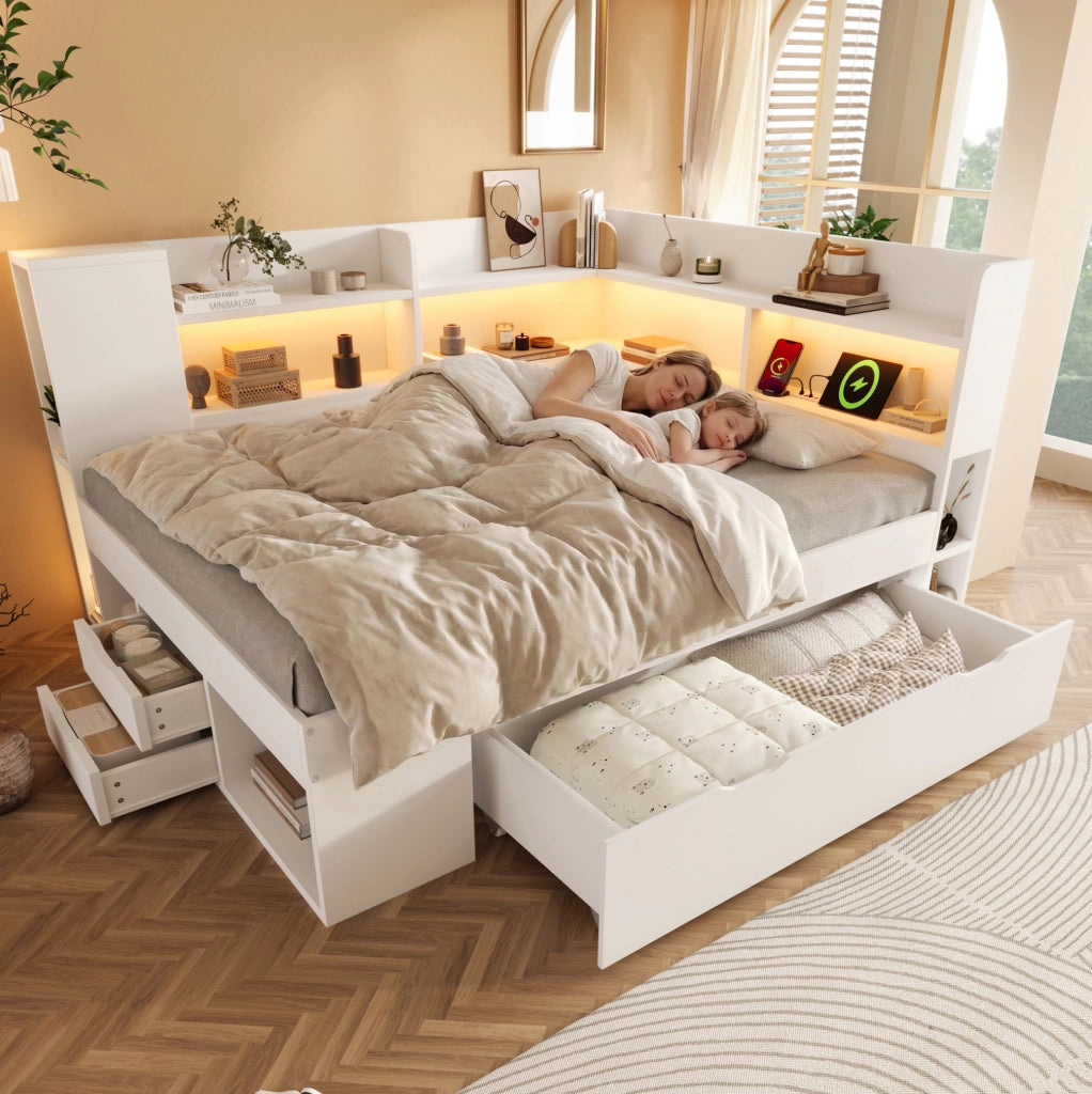 Letto da giorno 140x200 cm bianco con materasso, LED, ricarica USB-C e cassetti