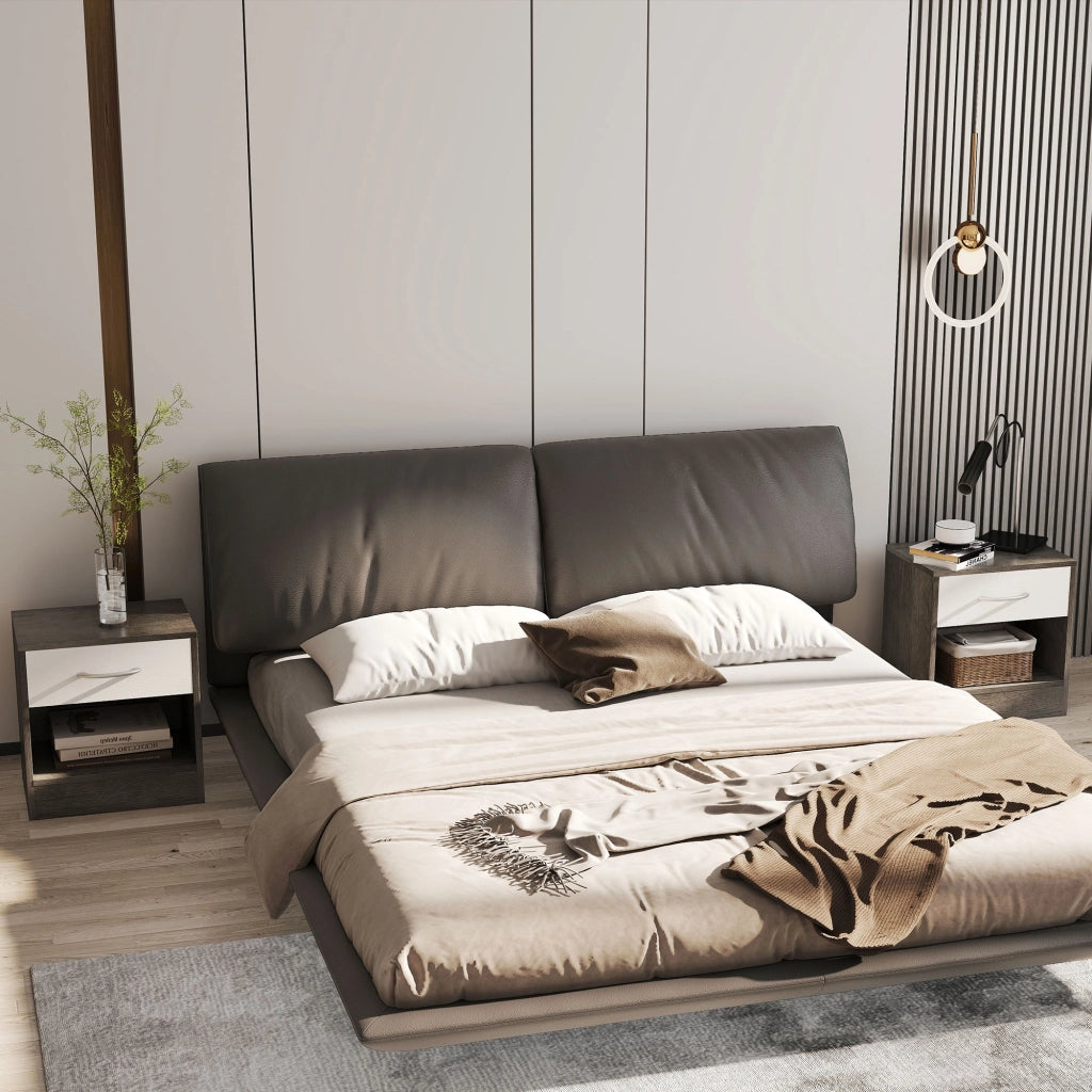 Set 2 Comodini da Notte Moderni con Cassetto e Ripiano Aperto, Tavolini Salvaspazio in Legno per Camera e Salotto, 39x28x41 cm, Bianco e Grigio