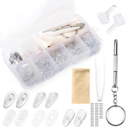 Set di riparazione occhiali 40 viti - 25 paia di supporti nasali - orecchini - chiave inglese - pinza - custodia in plastica - parti di ricambio occhiali