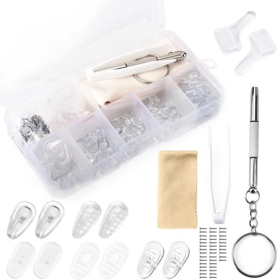 Set di riparazione occhiali 40 viti - 25 paia di supporti nasali - orecchini - chiave inglese - pinza - custodia in plastica - parti di ricambio occhiali