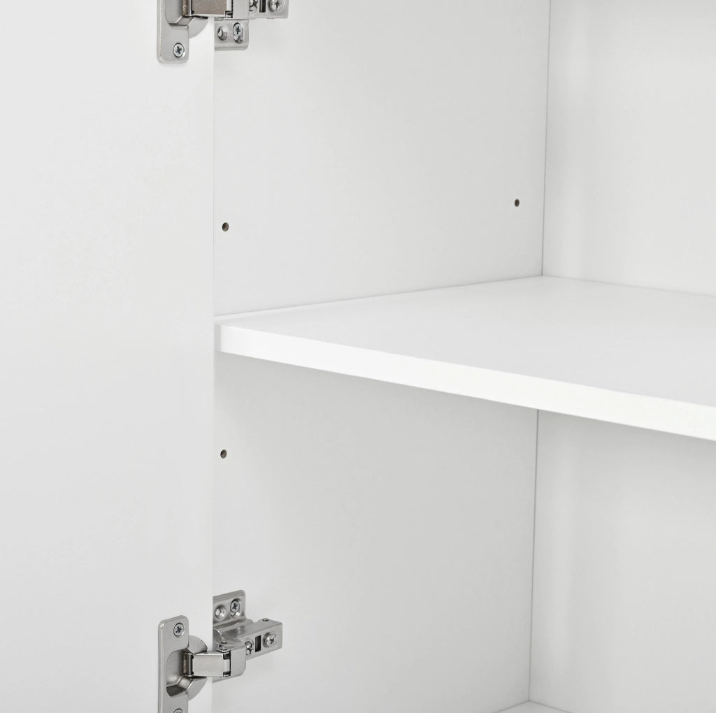Armadio alto bianco a due sezioni con doppie ante, vetro acrilico centrale, luci LED controllabili via app, ripiano regolabile, 70x35x180 cm