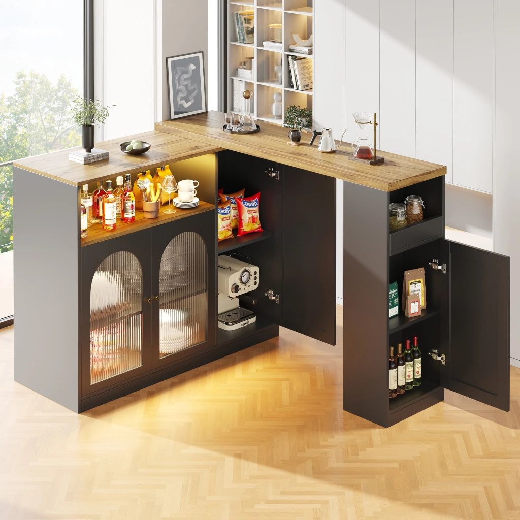 Tavolo da bar girevole 360掳 197 cm con mobile bar nero opaco; piano effetto legno; ante in vetro e LED