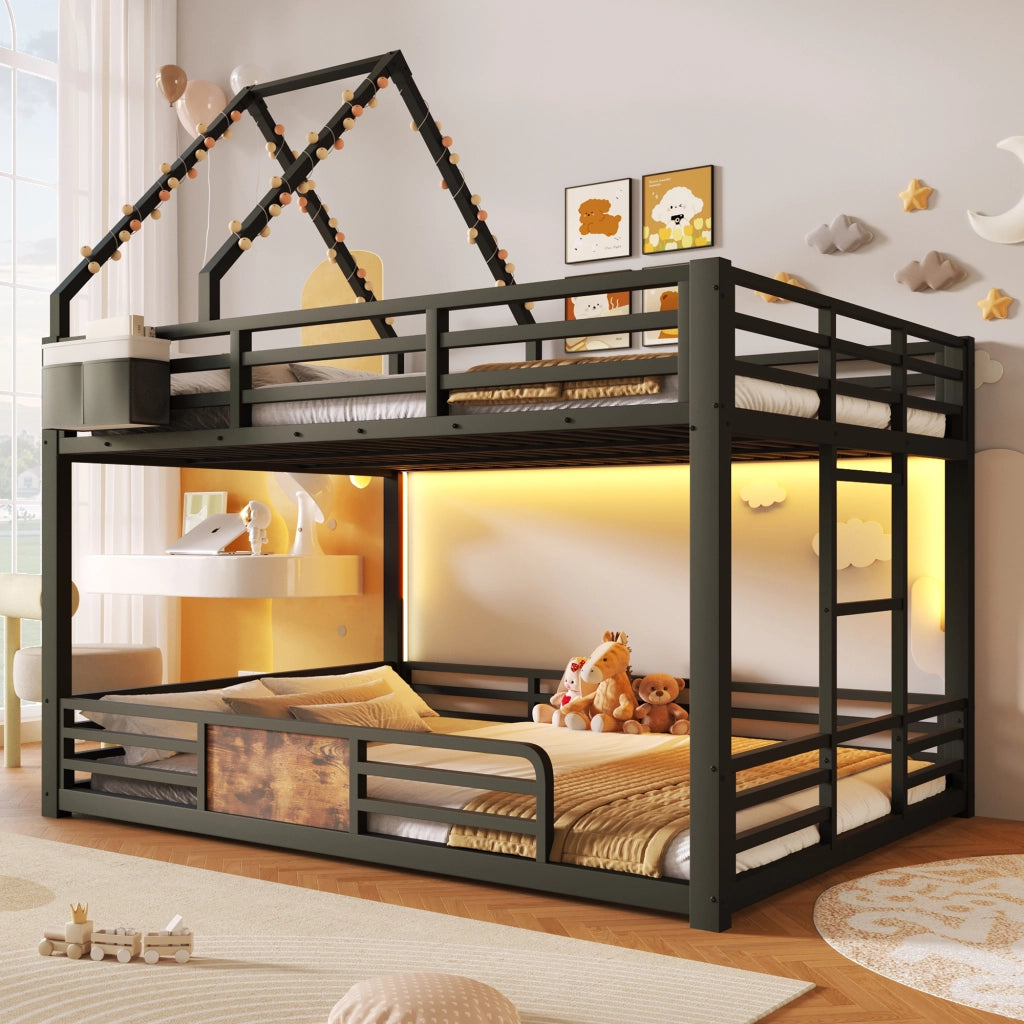 Letto a castello 140 × 200 cm con LED multicolore, tasche in tessuto e barriera, senza materasso, nero