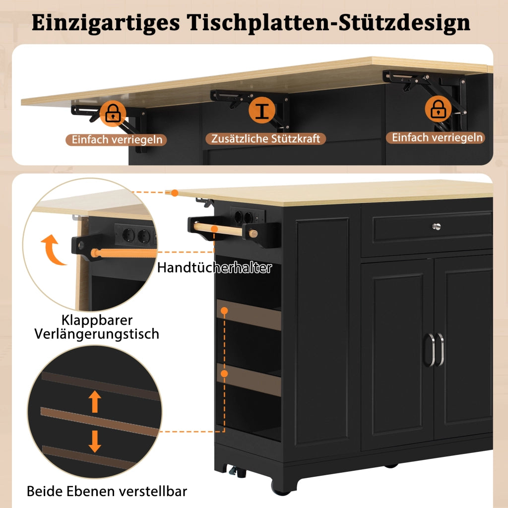 Isola da cucina mobile con piano ribaltabile prese elettriche vano rifiuti MDF nero naturale 131.8 × 40-70 × 93.3 cm