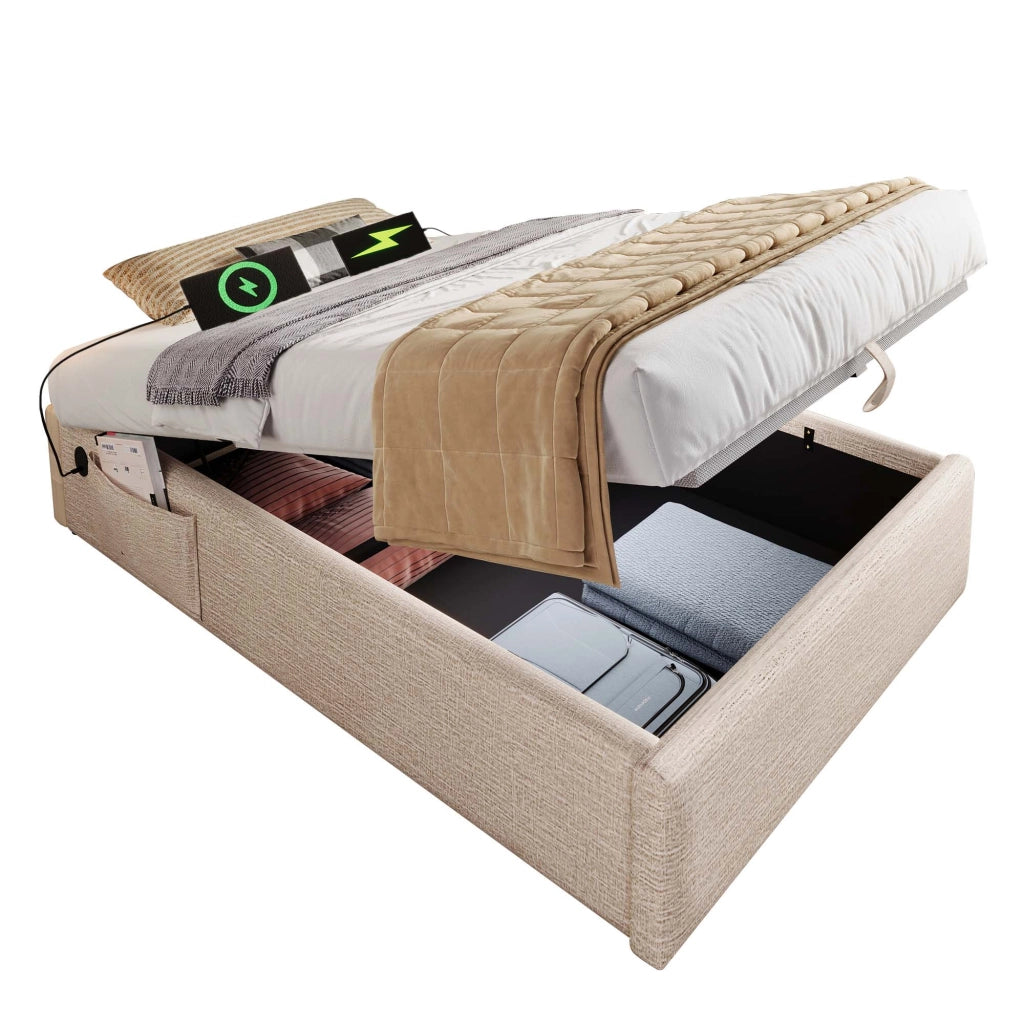 Letto contenitore singolo 90×200 cm con USB; Type-C e tasca laterale; senza materasso; in lino; naturale