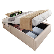 Letto contenitore singolo 90×200 cm con USB; Type-C e tasca laterale; senza materasso; in lino; naturale
