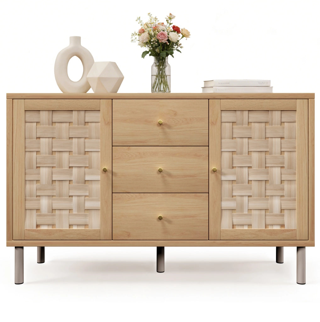 Credenza 120x40x75 cm con 2 ante; 3 cassetti e ripiani regolabili effetto rovere HOMVRA