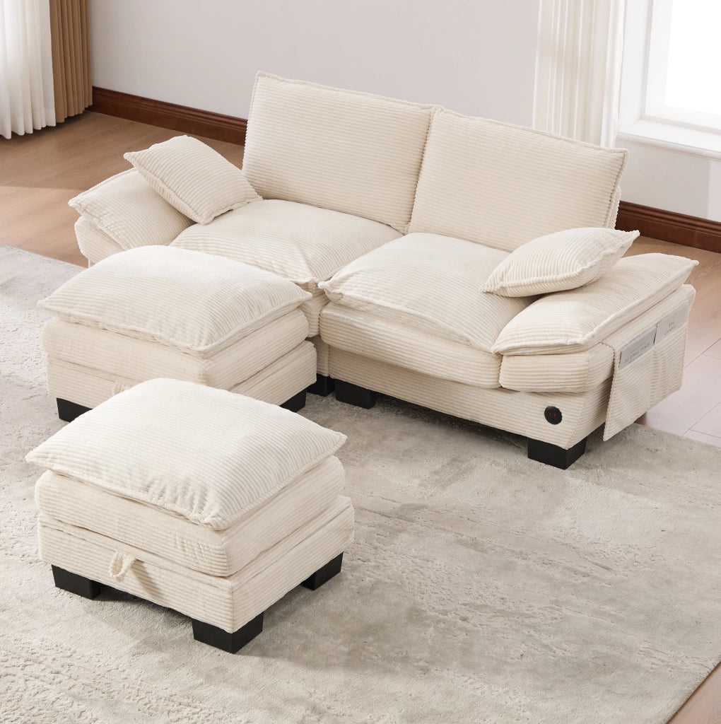 Sofa modulare 2 posti in corduroy con 2 pouf; USB-C; beige; 190x132x84 cm