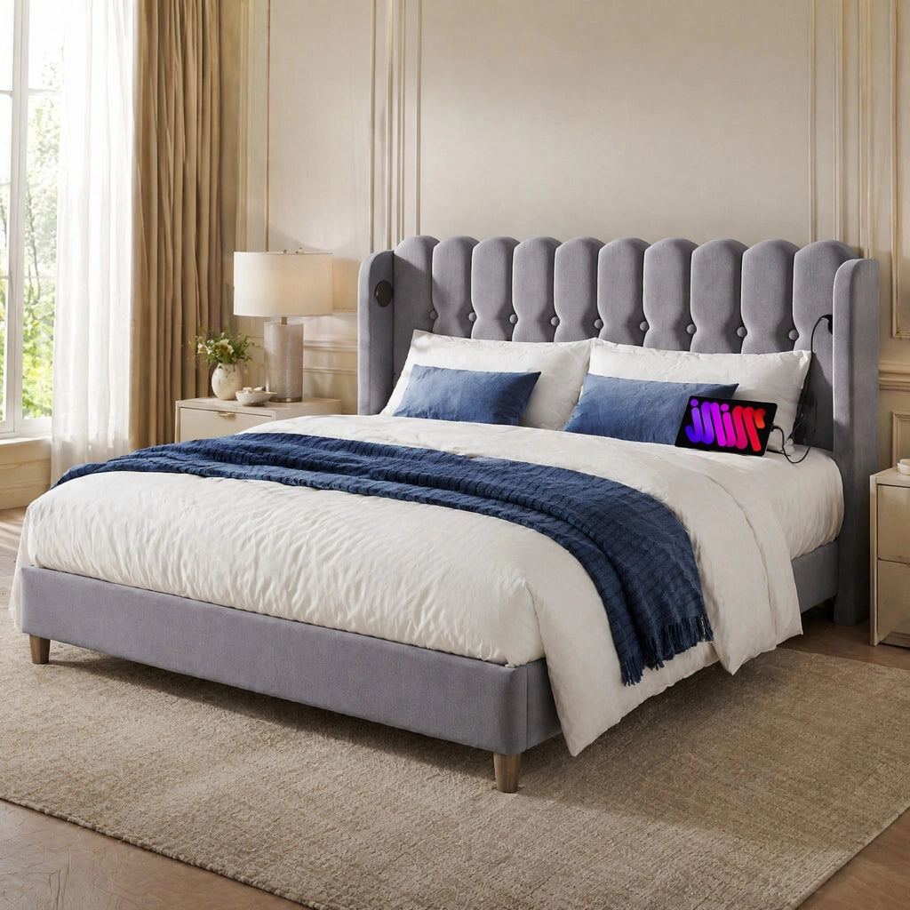 Letto matrimoniale imbottito grigio 160x200 cm con USB e Type-C