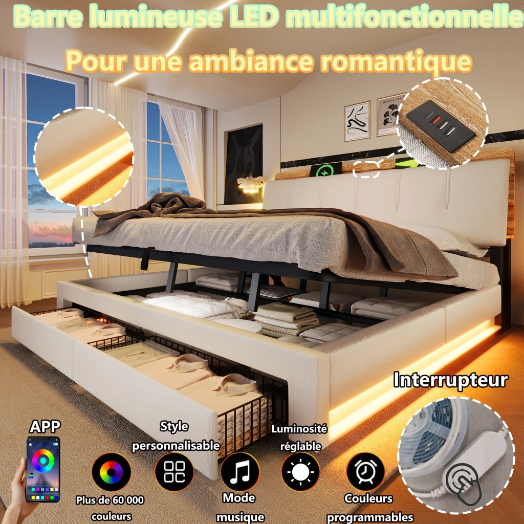 Letto contenitore 180 × 200 cm matrimoniale con 2 cassetti; USB; Type-C e LED regolabile; senza materasso; beige