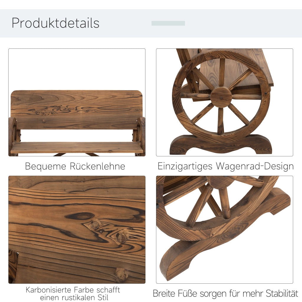 Panchina da giardino in legno massello; braccioli a ruota di carro; 114 x 58 x 80 cm; marrone scuro