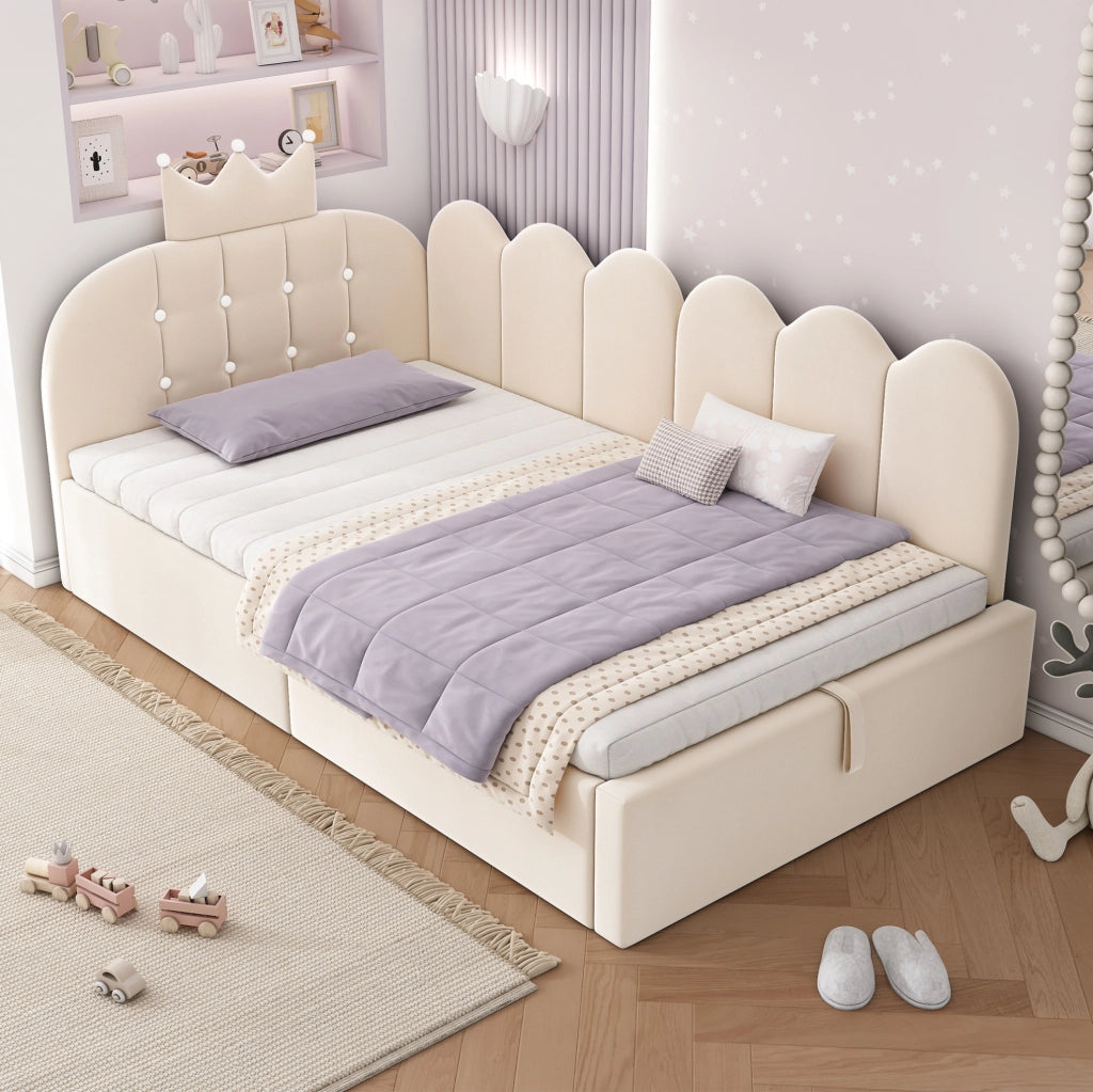 Letto daybed 90x200 cm con contenitore idraulico in velluto beige