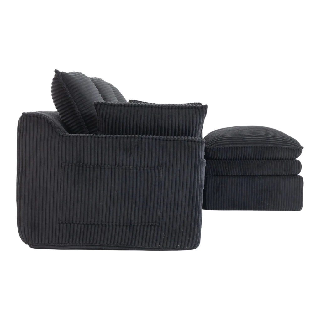 Divano modulare 3 posti in velluto a coste con pouf, cuscini e 2 tasche laterali, imbottitura a 3 strati con molle per un rapido ritorno elastico, nero