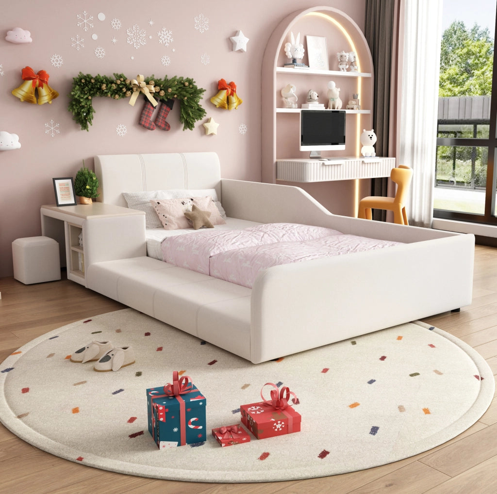 LETTO singolo 90x200 cm in velluto bianco con scrivania e sgabello