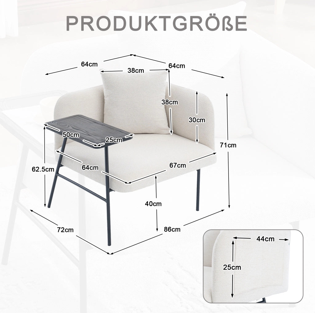 Poltrona in ciniglia beige con tavolino laterale e 2 tasche portaoggetti