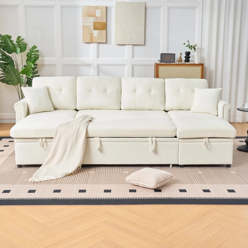 Divano angolare a U con funzione letto e contenitore, ampio divano letto beige in tessuto chenille per soggiorno o camera ospiti