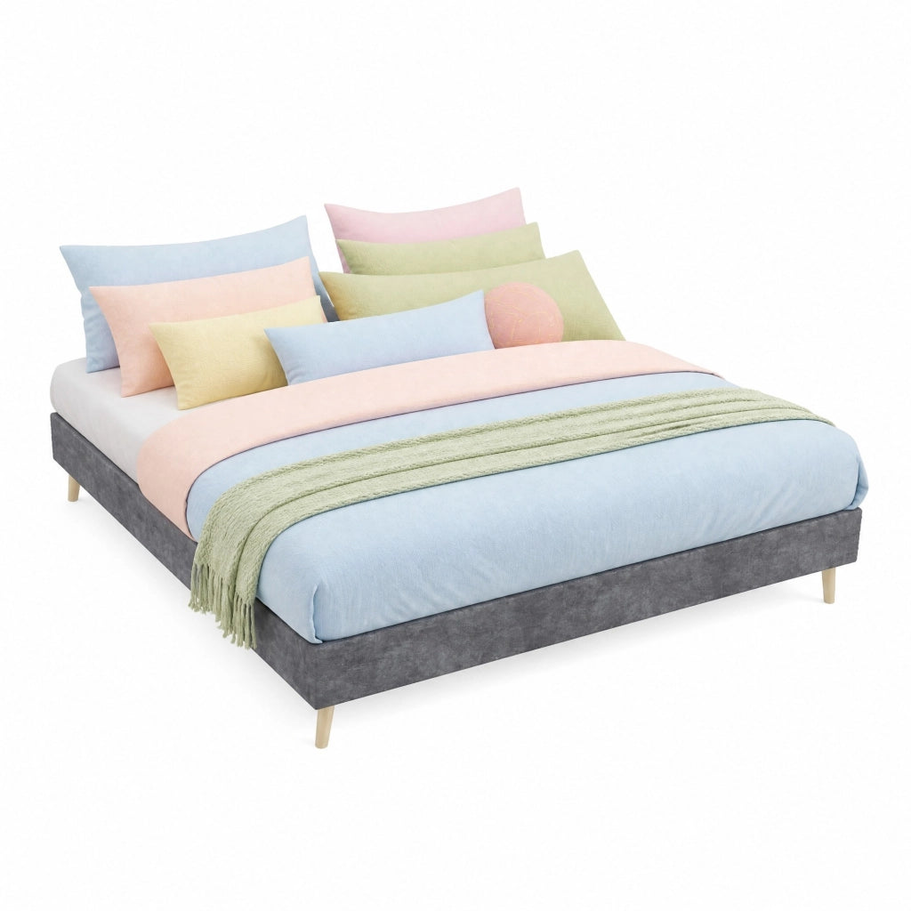Letto 140 × 200 cm rivestito in tessuto grigio con rete a doghe e dettagli geometrici