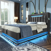 Letto singolo 90 × 200 cm con contenitore idraulico in lino grigio LED USB e porta Type-C con testiera