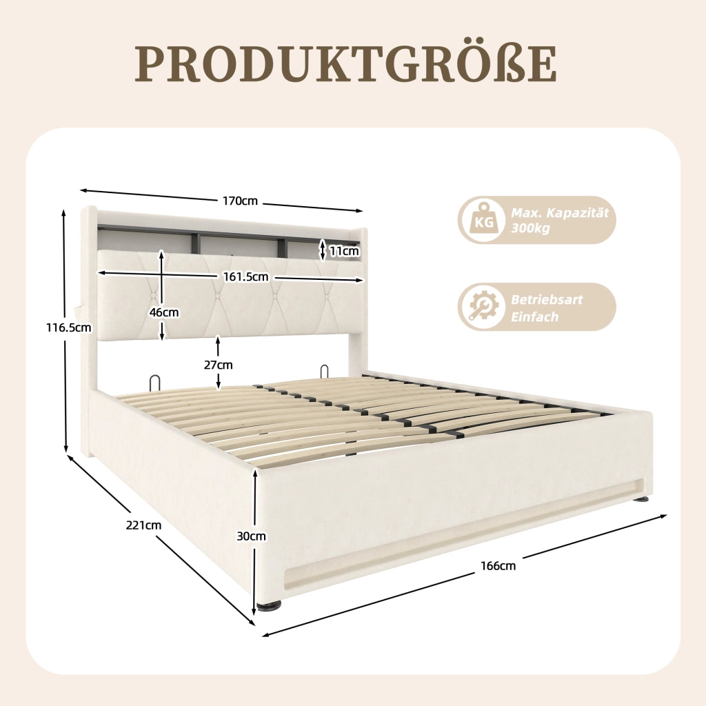 Letto matrimoniale 160x200 imbottito in velluto beige con testiera contenitore e luci LED