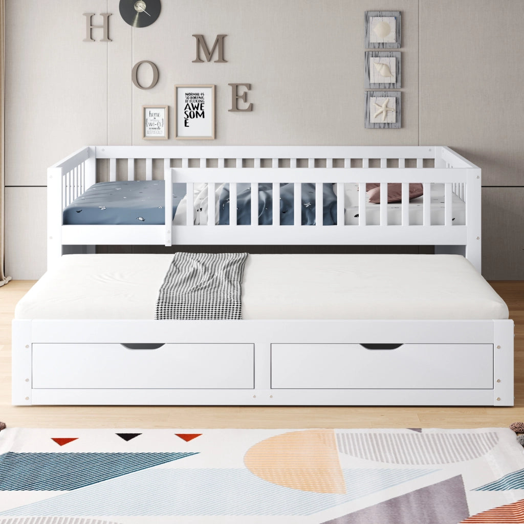 Letto singolo 90x200 cm con letto estraibile; 2 cassetti e rete; bianco