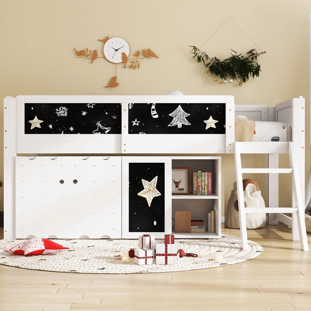 Letto a soppalco per bambini 90 × 200 cm con armadio a 2 ante, lavagna e scala inclinata, senza materasso, bianco