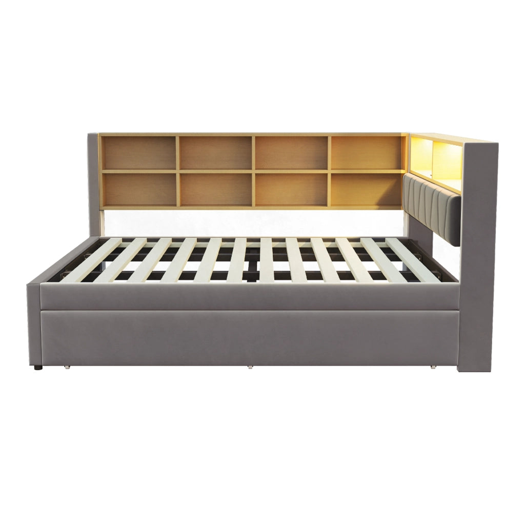 Letto estraibile matrimoniale 140×200 cm e 90×190 cm con LED; USB; Type-C e ripiani; senza materasso; flanella; grigio scuro