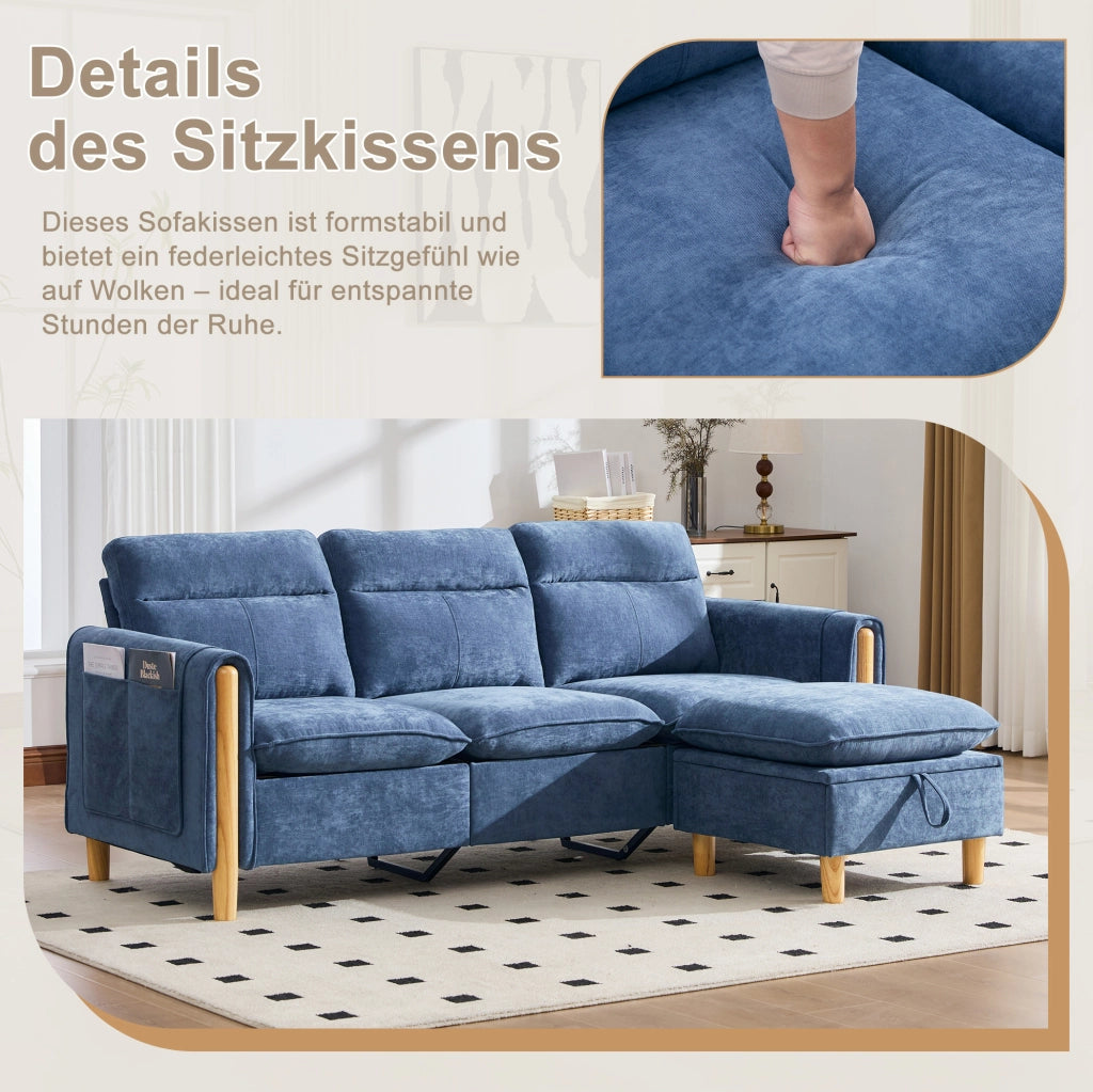 Divano a 3 posti in stile nordico con pouf contenitore, tessuto chenille blu, struttura in legno, design angolare L, ideale per soggiorni e spazi piccoli