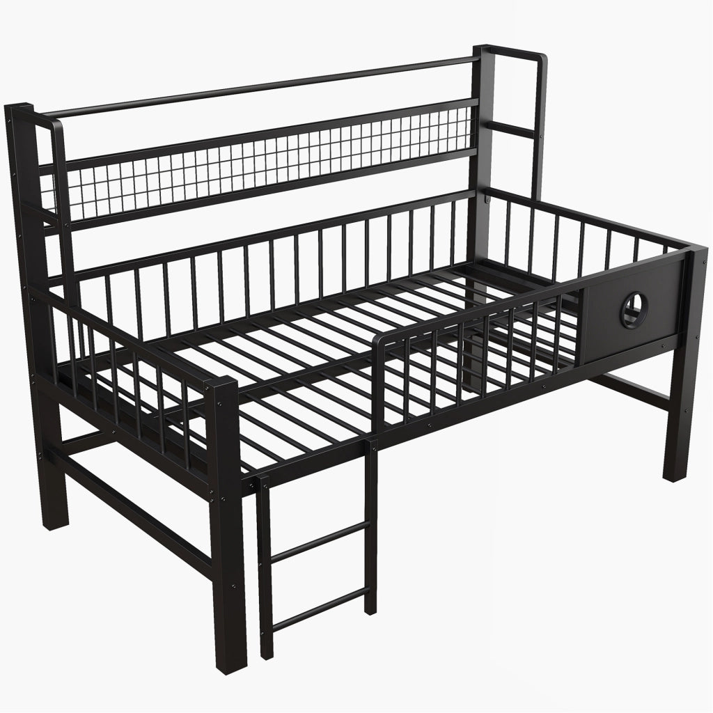 Letto per bambini 90x200 cm con struttura in metallo, soppalco basso con ripiani e appendiabiti, colore nero