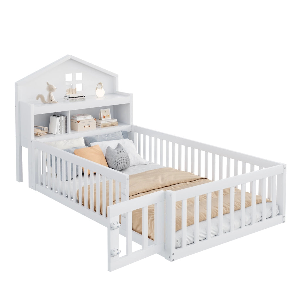 Letto a casetta per bambini 90 x 200 cm in legno massello; bianco; con sponde e scaffali