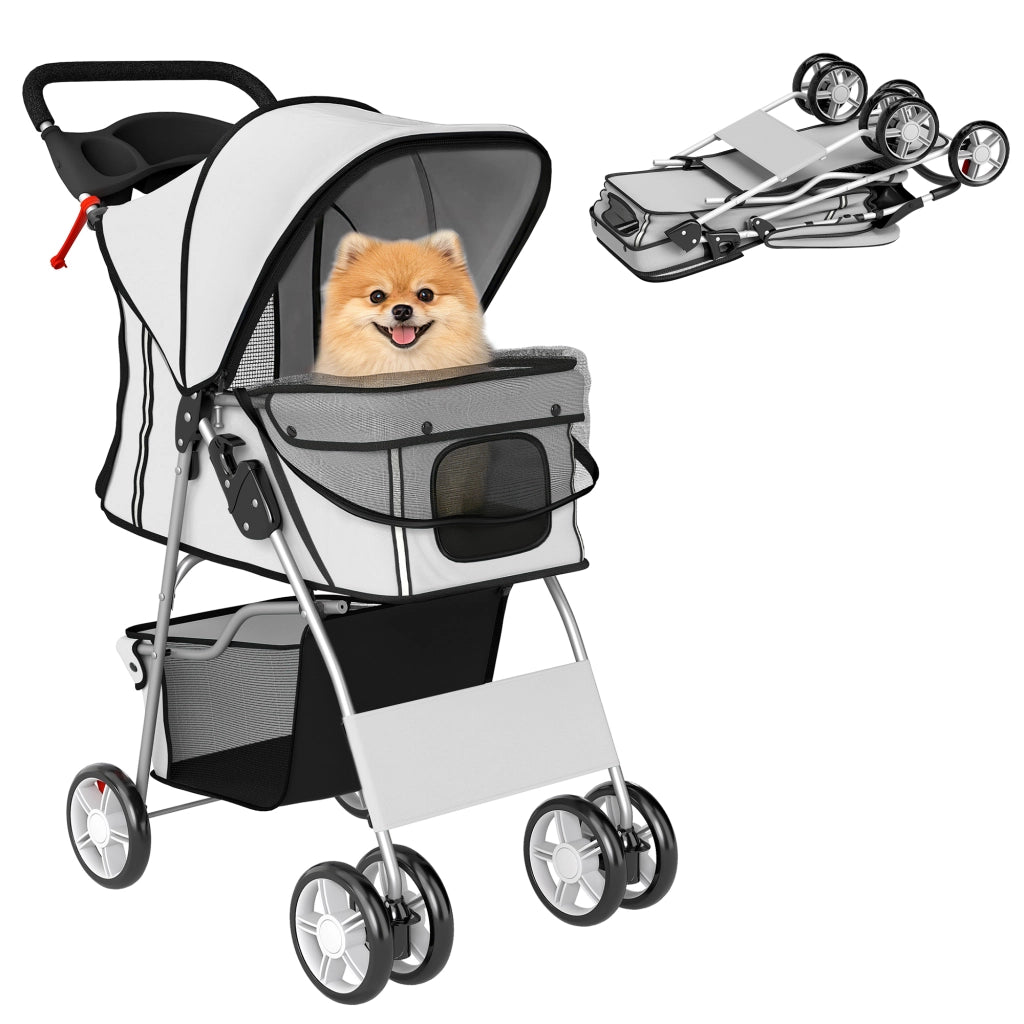 Passeggino per Cani Pieghevole con Catarifrangenti, Ruote Girevoli, Freni e Cuscino Lavabile, Grigio