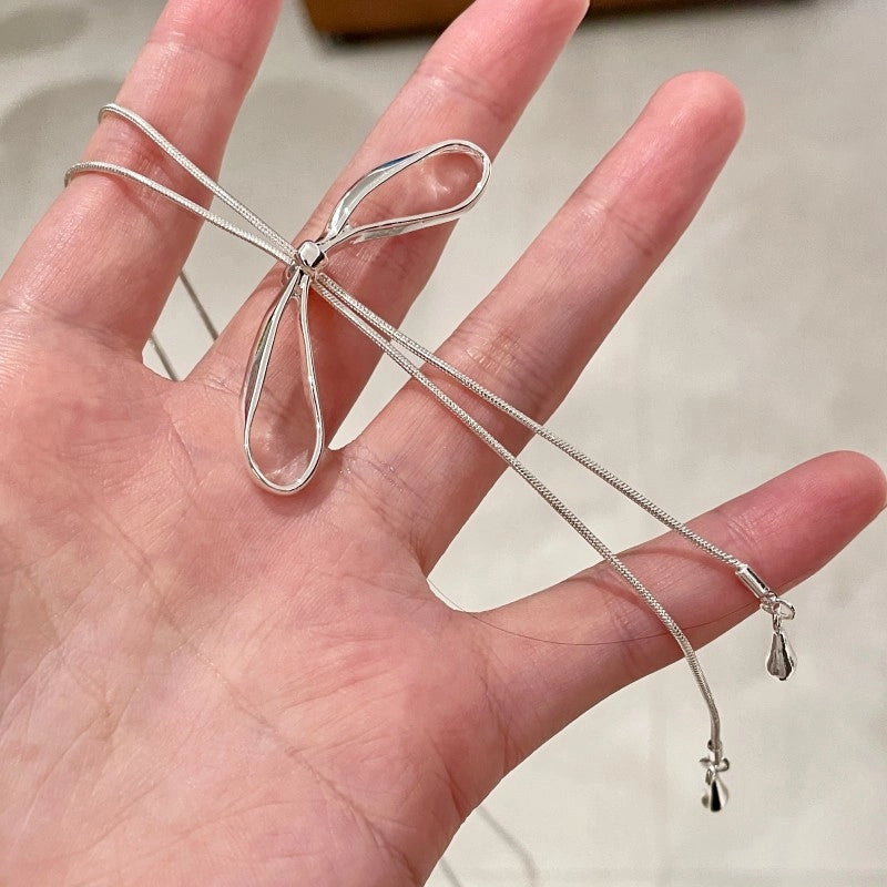 Collana estraibile con fiocco in argento per donna, stile Instagram, catena a osso di serpente, catena per maglione